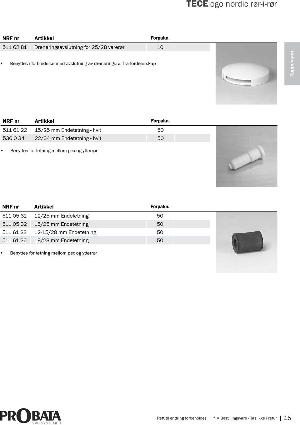 mellom pex og ytterrør 511 05 31 12/25 mm Endetetning 50 511 05 32 15/25 mm Endetetning 50 511 61 23 12-15/28 mm Endetetning 50 511 61