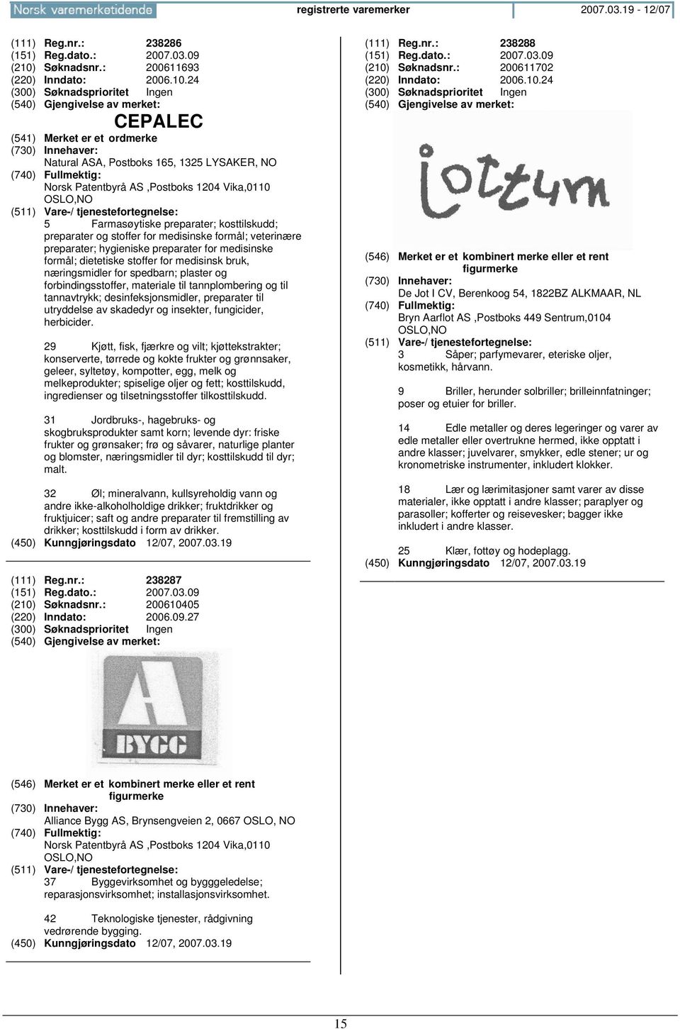 24 CEPALEC Natural ASA, Postboks 165, 1325 LYSAKER, NO Norsk Patentbyrå AS,Postboks 1204 Vika,0110 5 Farmasøytiske preparater; kosttilskudd; preparater og stoffer for medisinske formål; veterinære