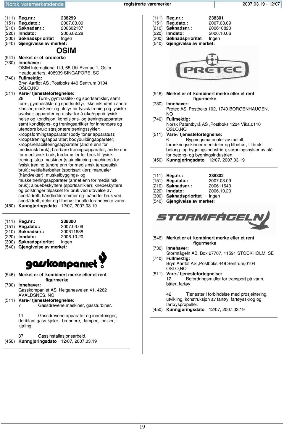 28 OSIM OSIM International Ltd, 65 Ubi Avenue 1, Osim Headquarters, 408939 SINGAPORE, SG Bryn Aarflot AS,Postboks 449 Sentrum,0104 28 Turn-, gymnastikk- og sportsartikler, samt turn-, gymnastikk- og