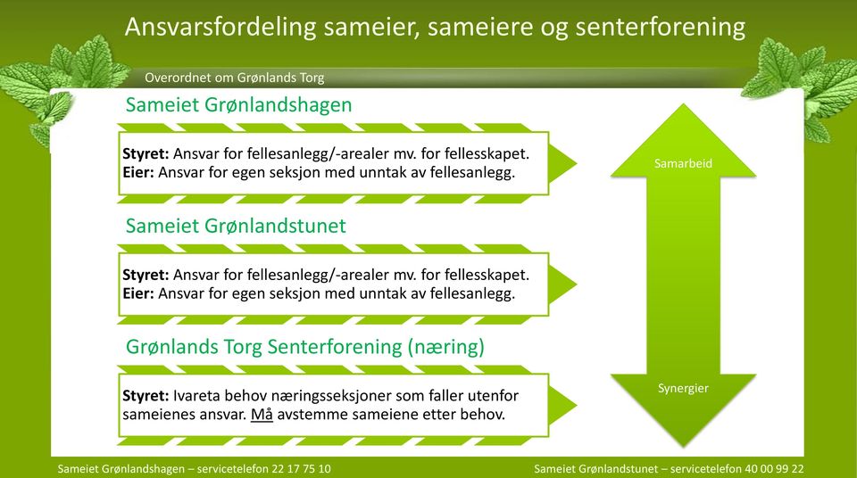 Samarbeid Sameiet Grønlandstunet Styret: Ansvar for fellesanlegg/-arealer mv.