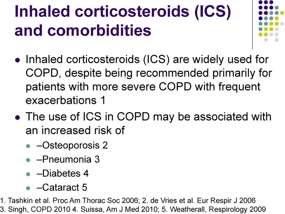associated with an increased risk of Osteoporosis 2 Pneumonia 3 Diabetes 4 Cataract 5 1. Tashkin et al.