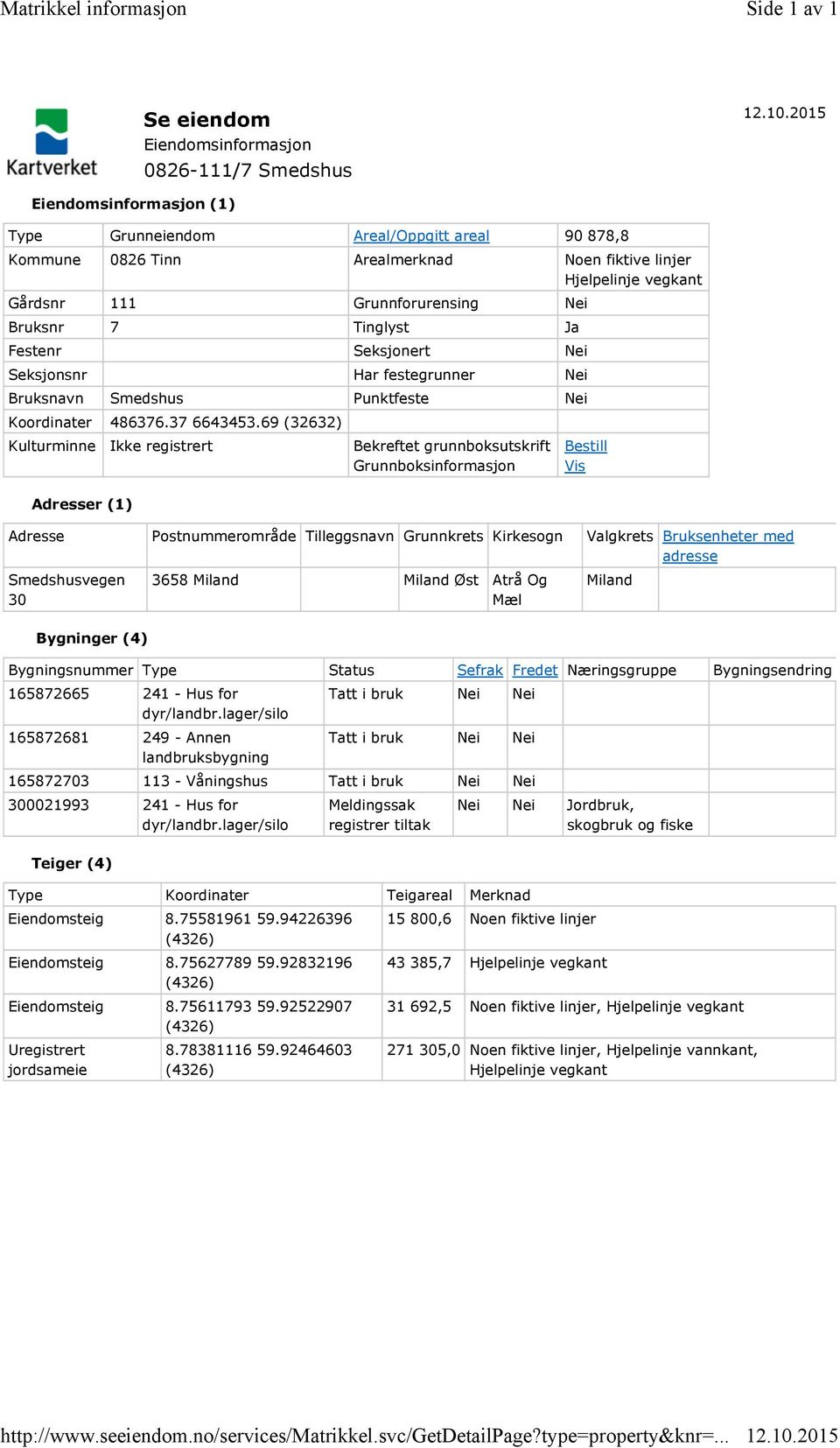 vegkant Gårdsnr 111 Grunnforurensing Nei Bruksnr 7 Tinglyst Ja Festenr Seksjonert Nei Seksjonsnr Har festegrunner Nei Bruksnavn Smedshus Punktfeste Nei Koordinater 486376.37 6643453.