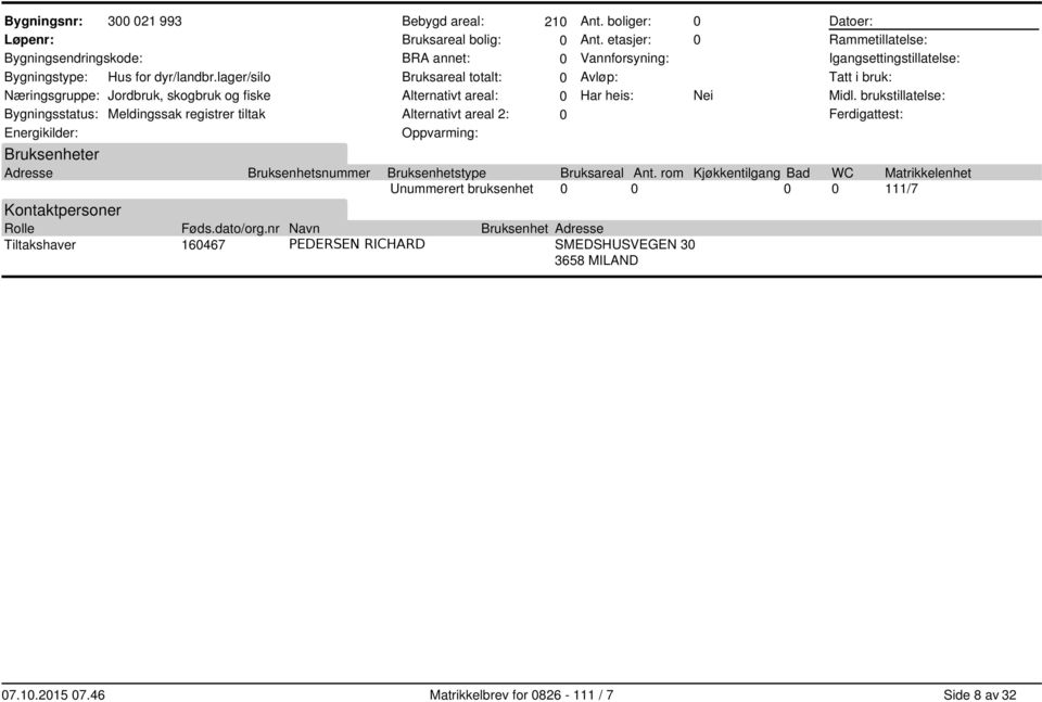 areal: Alternativt areal 2: Oppvarming: Ant. boliger: Ant. etasjer: Vannforsyning: Avløp: Har heis: Kontaktpersoner Føds.dato/org.