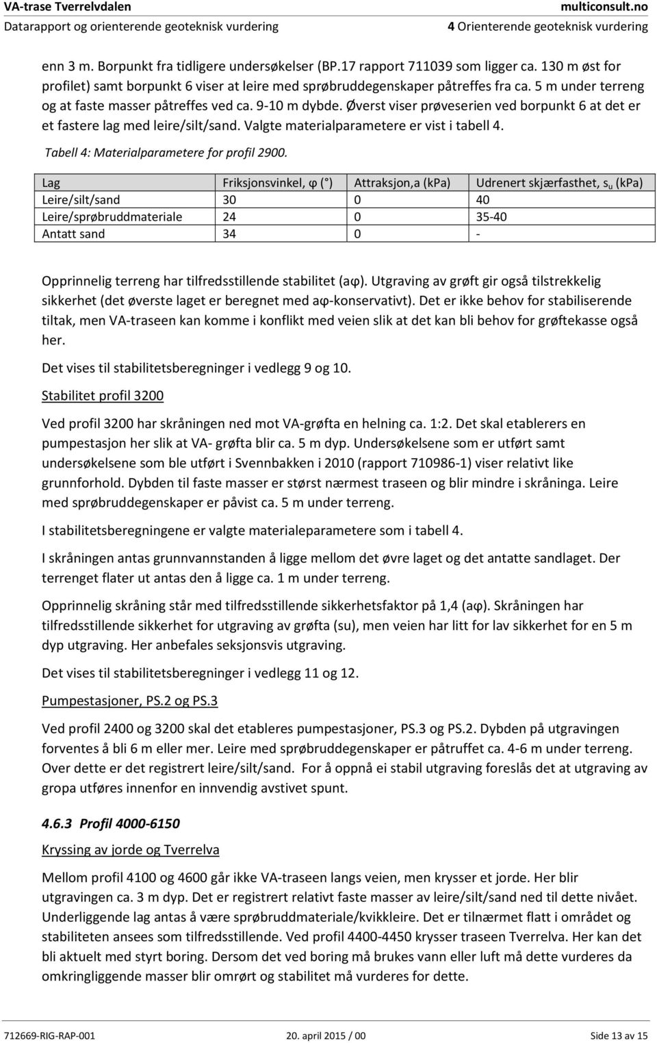 Øverst viser prøveserien ved borpunkt 6 at det er et fastere lag med leire/silt/sand. Valgte materialparametere er vist i tabell 4. Tabell 4: Materialparametere for profil 29.