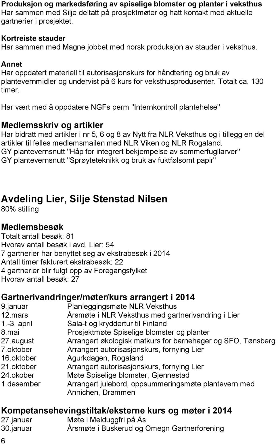 Annet Har oppdatert materiell til autorisasjonskurs for håndtering og bruk av plantevernmidler og undervist på 6 kurs for veksthusprodusenter. Totalt ca. 130 timer.