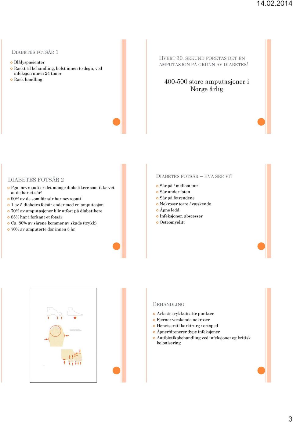 90% av de som får sår har nevropati 1 av 5 diabetes fotsår ender med en amputasjon 70% av amputasjoner blir utført på diabetikere 85% har i forkant et fotsår Ca.