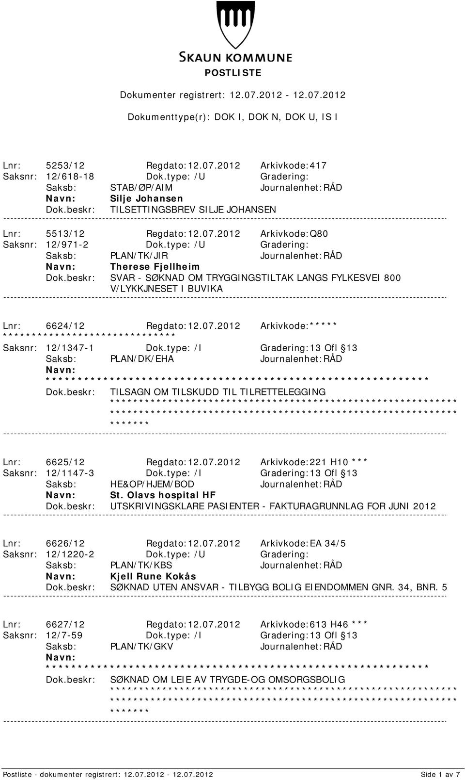 2012 Arkivkode:***** ** Saksnr: 12/1347-1 Dok.type: /I Gradering:13 Ofl 13 Saksb: PLAN/DK/EHA Journalenhet:RÅD TILSAGN OM TILSKUDD TIL TILRETTELEGGING Lnr: 6625/12 Regdato:12.07.