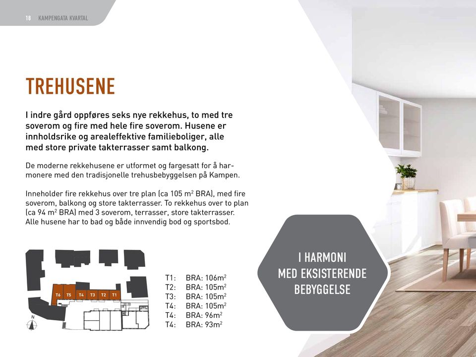 De moderne rekkehusene er utformet og fargesatt for å harmonere med den tradisjonelle trehusbebyggelsen på Kampen.