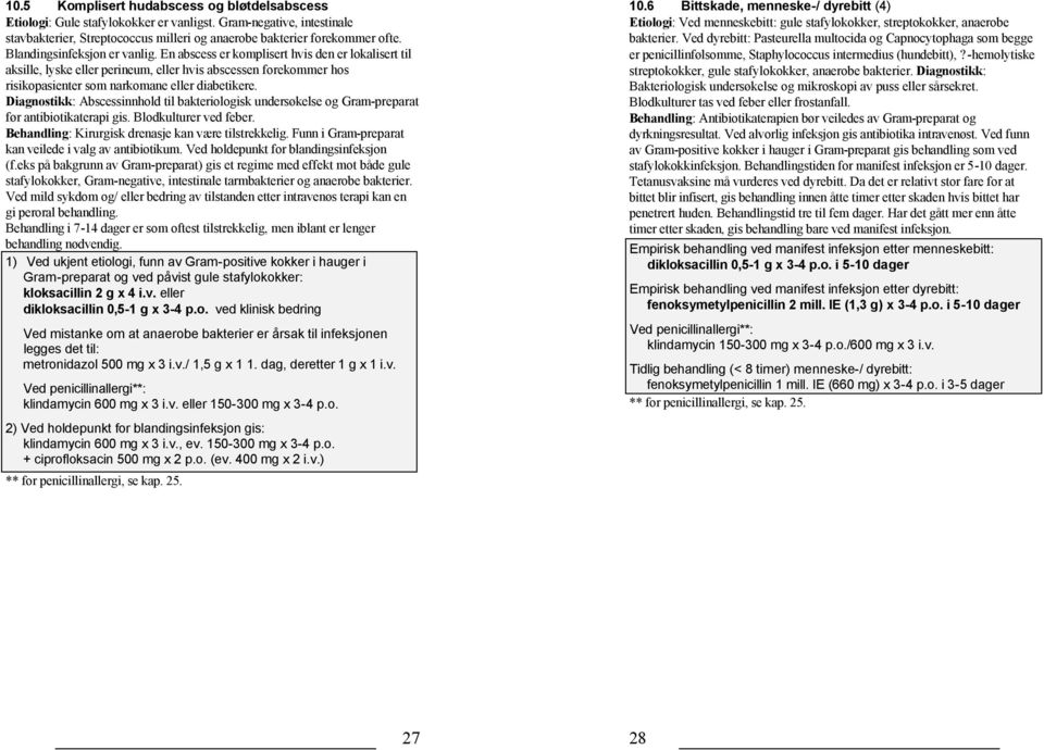 Diagnostikk: Abscessinnhold til bakteriologisk undersøkelse og Gram-preparat før antibiotikaterapi gis. Blodkulturer ved feber. Behandling: Kirurgisk drenasje kan være tilstrekkelig.