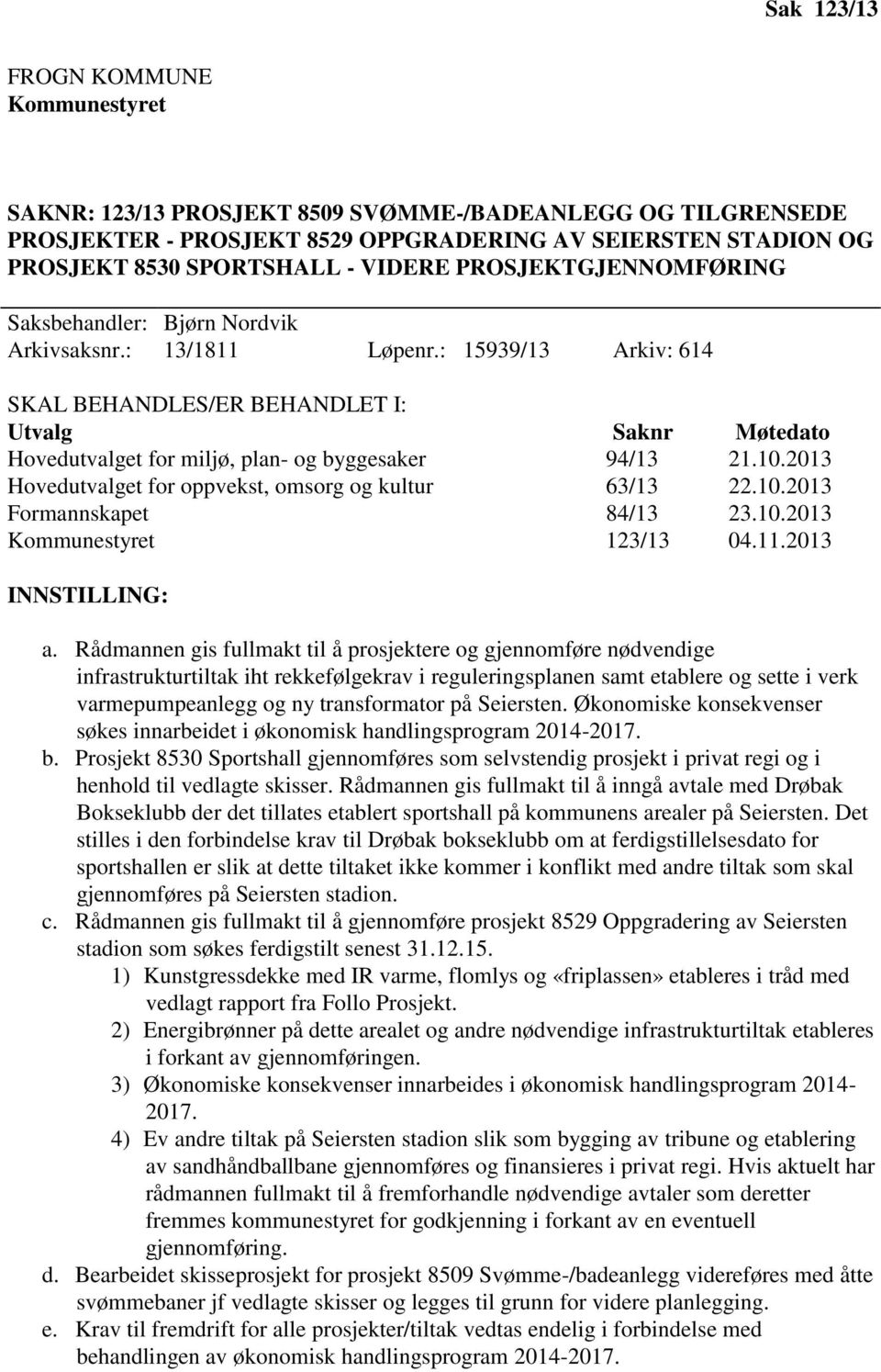 : 15939/13 Arkiv: 614 SKAL BEHANDLES/ER BEHANDLET I: Utvalg Saknr Møtedato Hovedutvalget for miljø, plan- og byggesaker 94/13 21.10.2013 Hovedutvalget for oppvekst, omsorg og kultur 63/13 22.10.2013 Formannskapet 84/13 23.