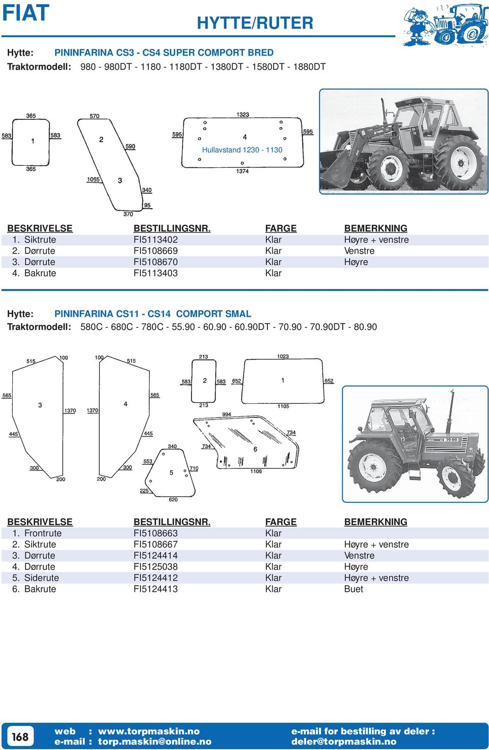 Bakrute FI5113403 Klar Hytte: PININFARINA CS11 - CS14 COMPORT SMAL Traktormodell: 580C - 680C - 780C - 55.90-60.90-60.90DT - 70.90-70.90DT - 80.90 BESKRIVELSE BESTILLINGSNR. FARGE BEMERKNING 1.