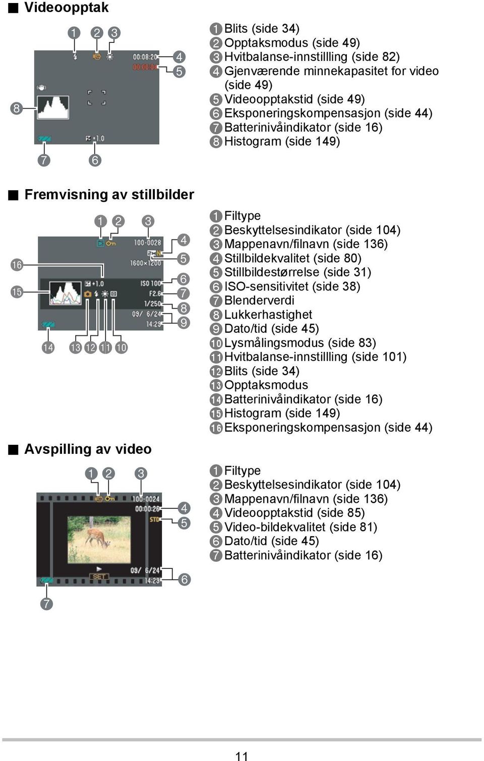 Avspilling av video 7 12 3 4 5 6 7 8 9 4 5 6 1Filtype 2Beskyttelsesindikator (side 104) 3Mappenavn/filnavn (side 136) 4Stillbildekvalitet (side 80) 5Stillbildestørrelse (side 31) 6ISO-sensitivitet