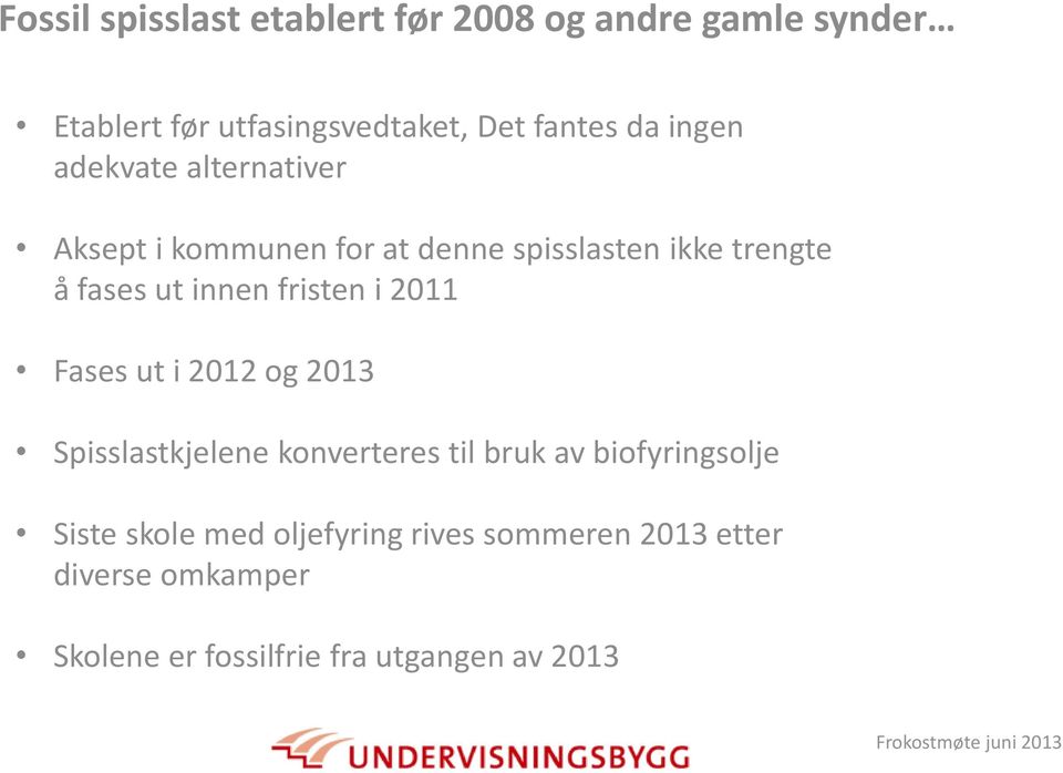 fristen i 2011 Fases ut i 2012 og 2013 Spisslastkjelene konverteres til bruk av biofyringsolje Siste