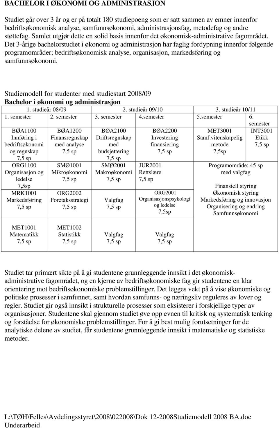 Det 3-årige bachelorstudiet i økonomi og administrasjon har faglig fordypning innenfor følgende programområder; bedriftsøkonomisk analyse, organisasjon, markedsføring og samfunnsøkonomi.