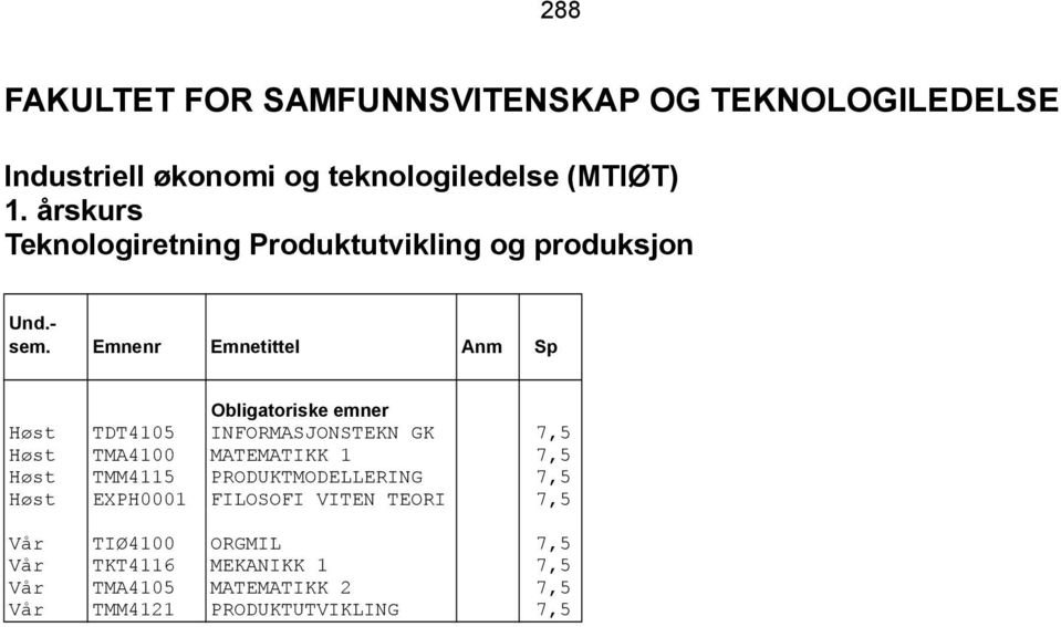 TDT4105 INFORMASJONSTEKN GK 7,5 Høst TMA4100 MATEMATIKK 1 7,5 Høst TMM4115