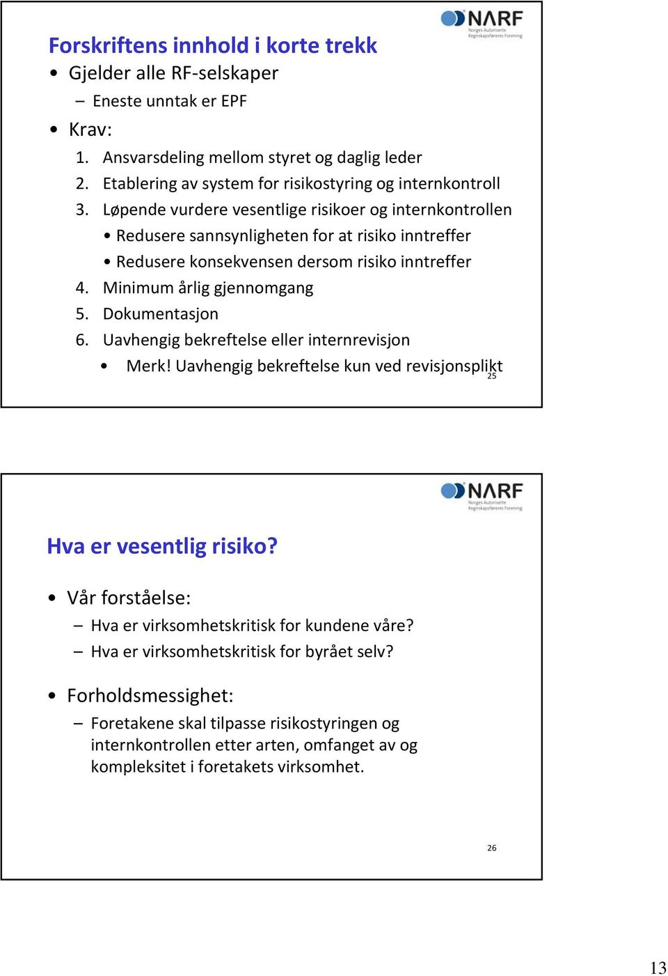 Løpende vurdere vesentlige risikoer og internkontrollen Redusere sannsynligheten for at risiko inntreffer Redusere konsekvensen dersom risiko inntreffer 4. Minimum årlig gjennomgang 5.