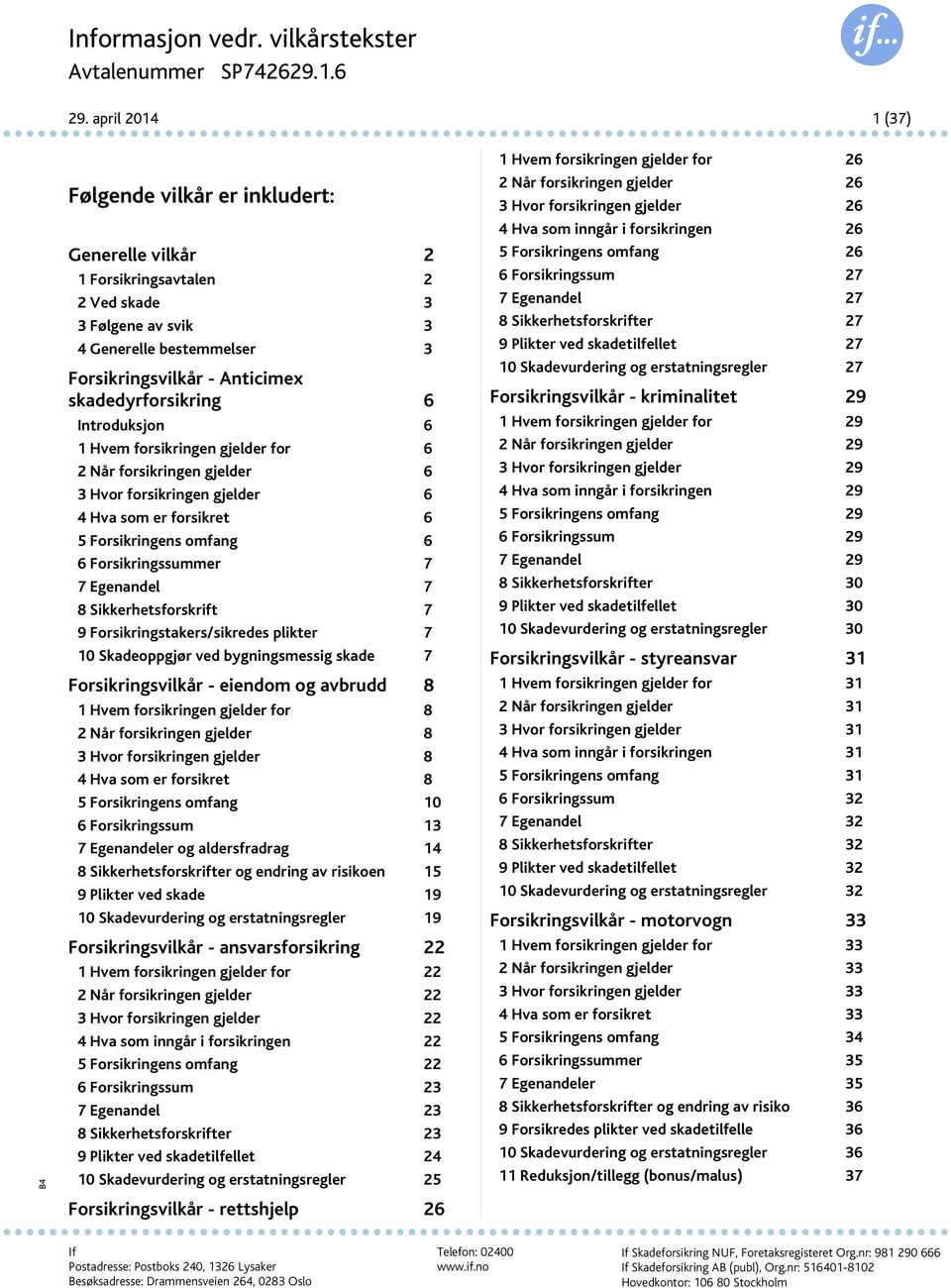 Introduksjon 6 1 Hvem forsikringen gjelder for 6 2 Når forsikringen gjelder 6 3 Hvor forsikringen gjelder 6 4 Hva som er forsikret 6 5 Forsikringens omfang 6 6 Forsikringssummer 7 7 Egenandel 7 8