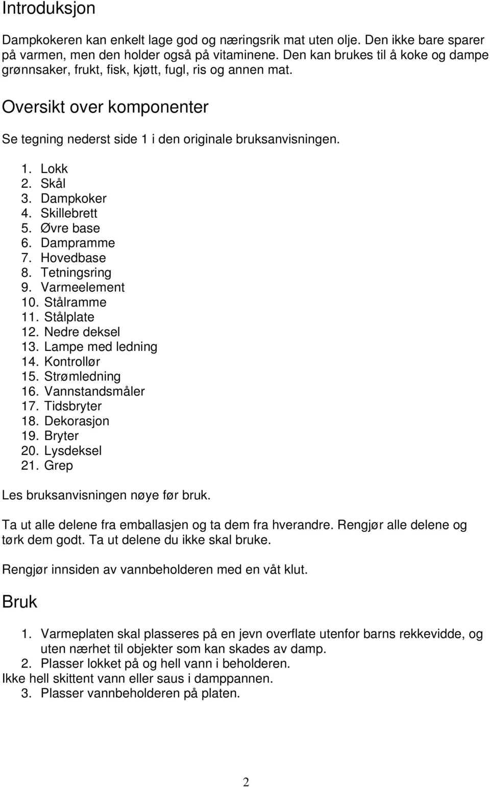 Dampkoker 4. Skillebrett 5. Øvre base 6. Dampramme 7. Hovedbase 8. Tetningsring 9. Varmeelement 10. Stålramme 11. Stålplate 12. Nedre deksel 13. Lampe med ledning 14. Kontrollør 15. Strømledning 16.