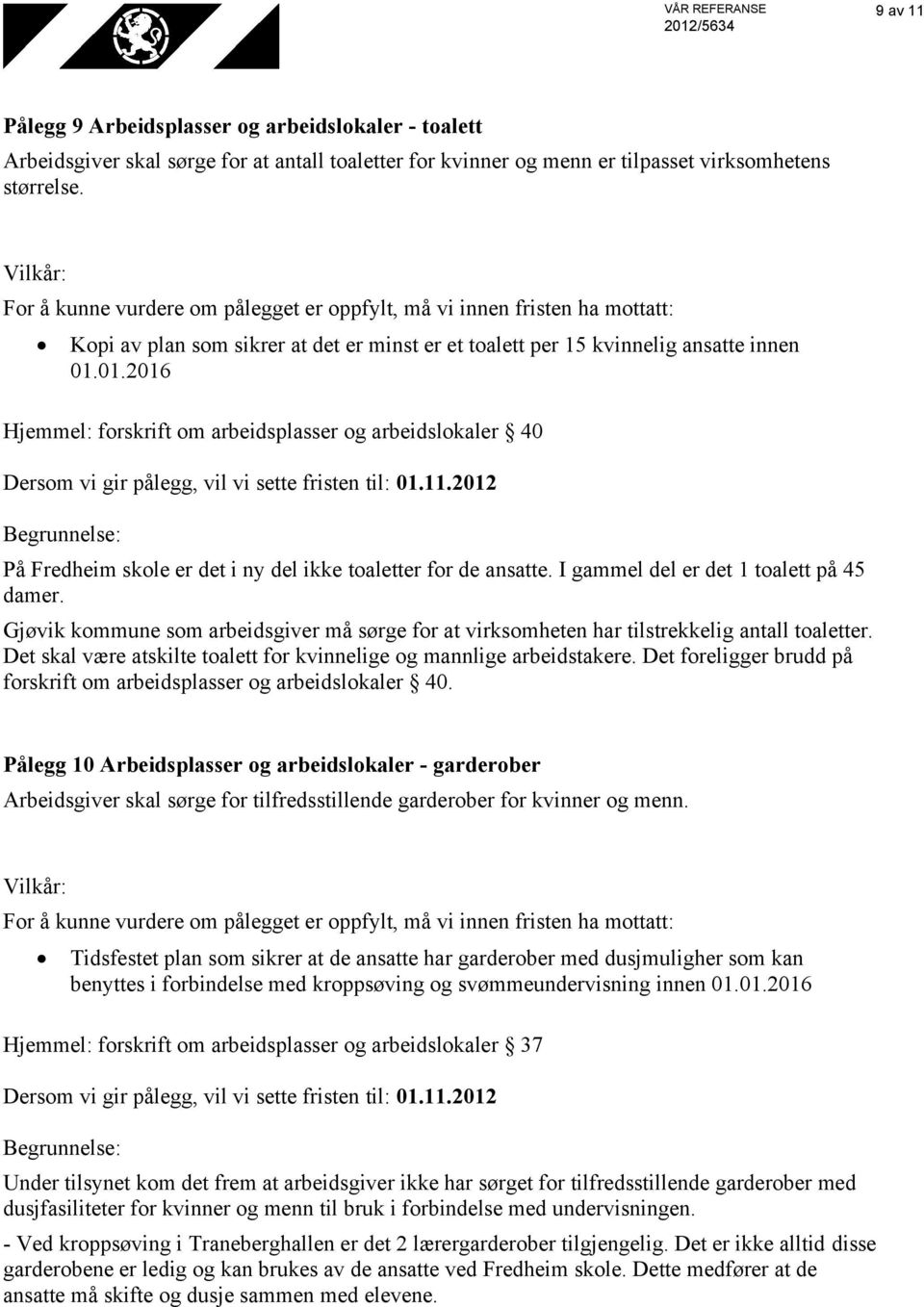 01.2016 Hjemmel: forskrift om arbeidsplasser og arbeidslokaler 40 På Fredheim skole er det i ny del ikke toaletter for de ansatte. I gammel del er det 1 toalett på 45 damer.