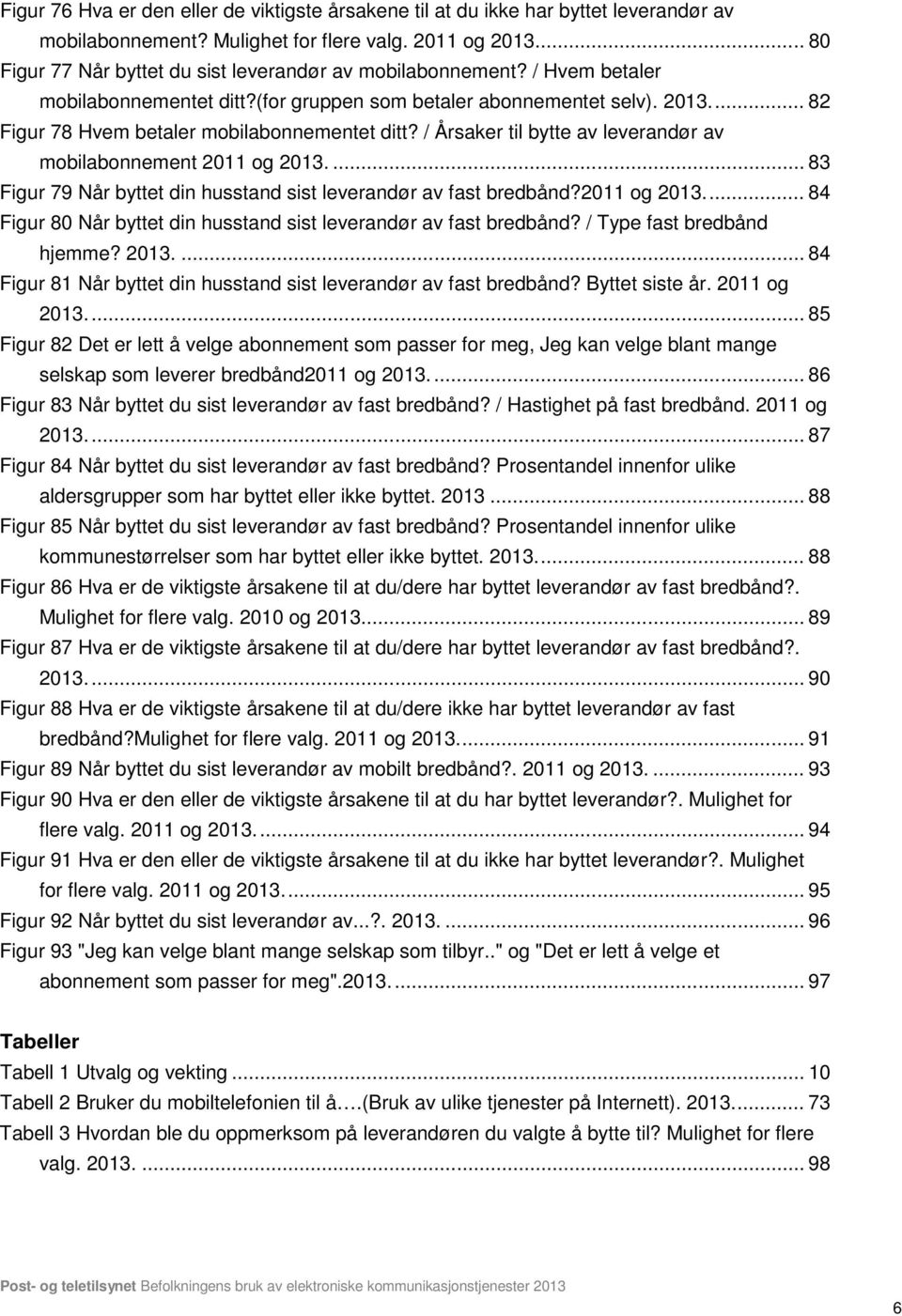 ... 82 Figur 78 Hvem betaler mobilabonnementet ditt? / Årsaker til bytte av leverandør av mobilabonnement 2011 og 2013.... 83 Figur 79 Når byttet din husstand sist leverandør av fast bredbånd?