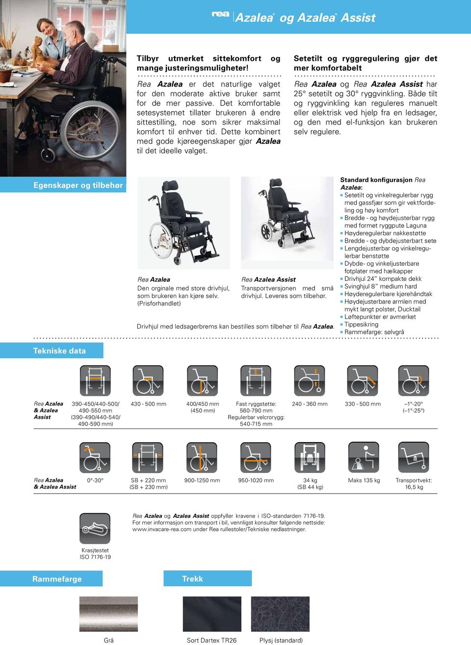 Setetilt og ryggregulering gjør det mer komfortabelt Rea Azalea og Rea Azalea Assist har 25 setetilt og 30 ryggvinkling.