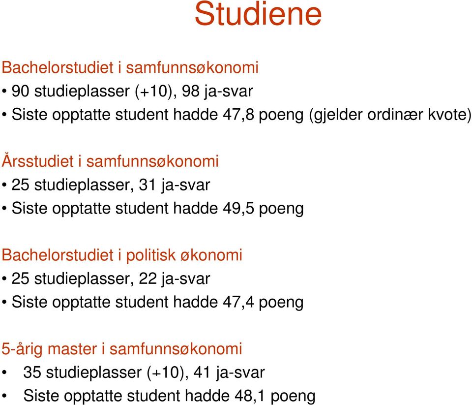 hadde 49,5 poeng Bachelorstudiet i politisk økonomi 25 studieplasser, 22 ja-svar Siste opptatte student hadde