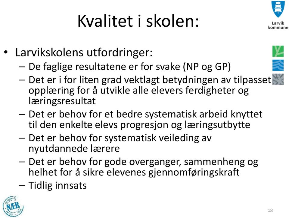 bedre systematisk arbeid knyttet til den enkelte elevs progresjon og læringsutbytte Det er behov for systematisk veiledingav