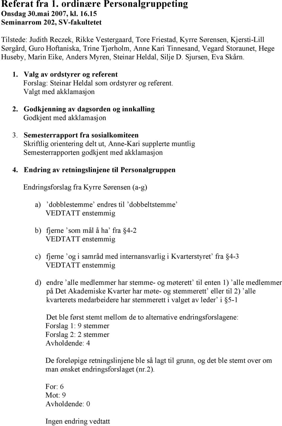 Storaunet, Hege Huseby, Marin Eike, Anders Myren, Steinar Heldal, Silje D. Sjursen, Eva Skårn. 1. Valg av ordstyrer og referent Forslag: Steinar Heldal som ordstyrer og referent.