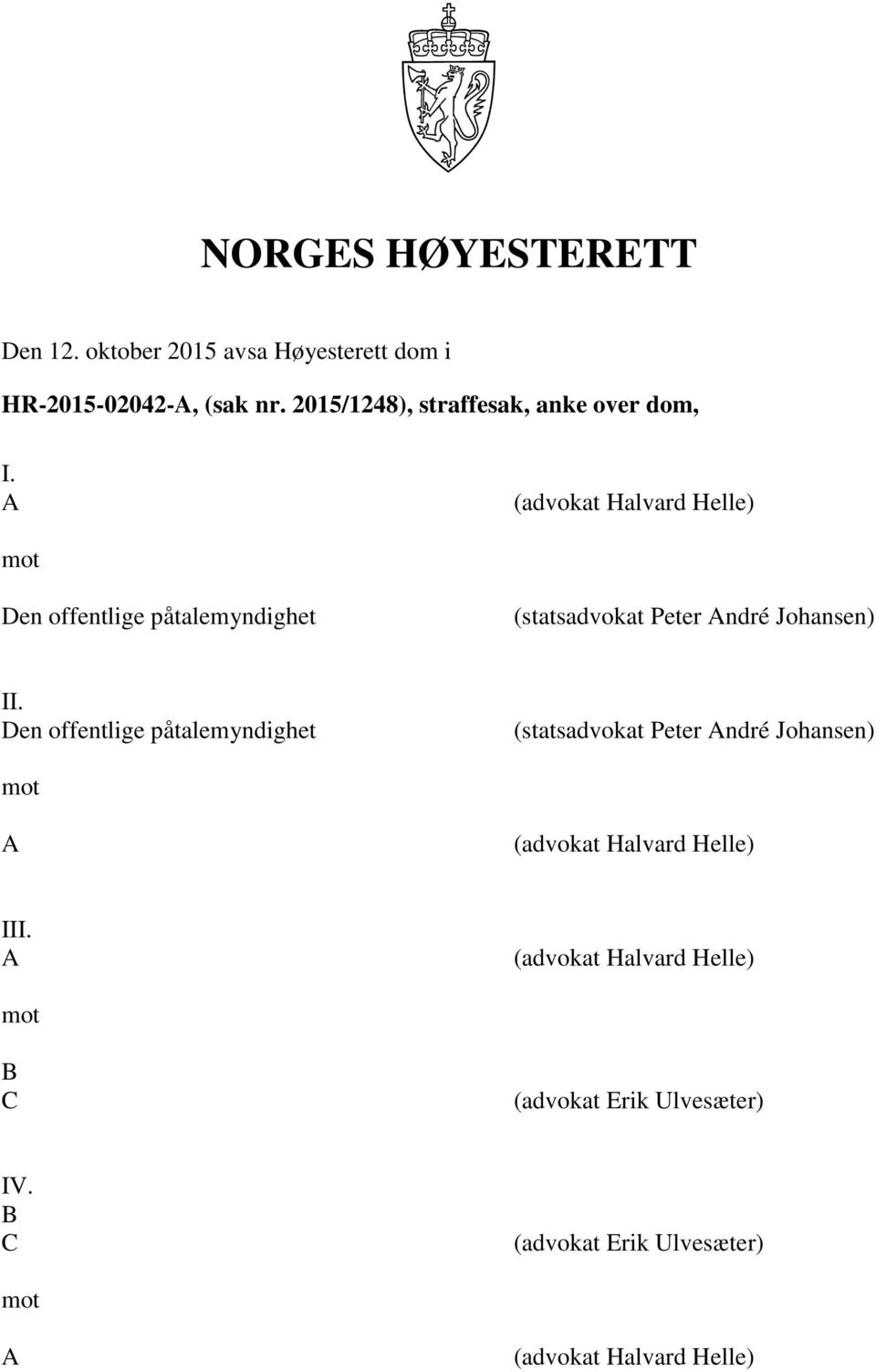 A (advokat Halvard Helle) mot Den offentlige påtalemyndighet (statsadvokat Peter André Johansen) II.