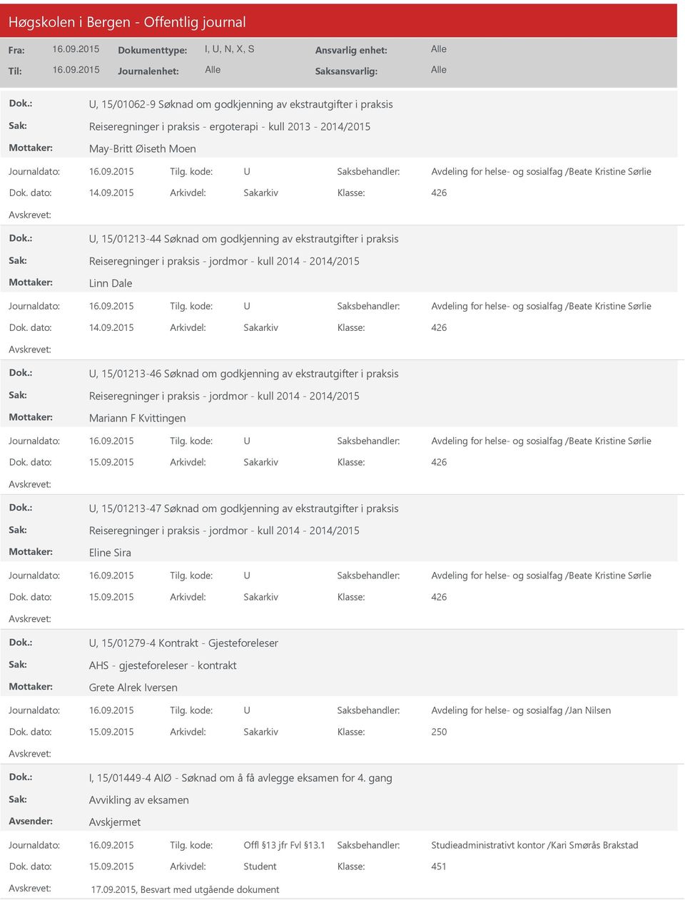 2015 Arkivdel: Sakarkiv, 15/01213-46 Søknad om godkjenning av ekstrautgifter i praksis Reiseregninger i praksis - jordmor - kull 2014-2014/2015 Mariann F Kvittingen, 15/01213-47 Søknad om godkjenning