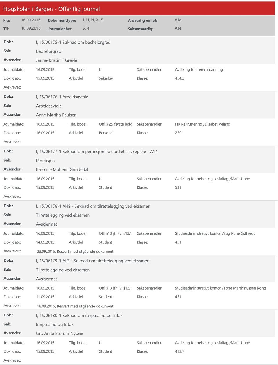 dato: Arkivdel: Personal I, 15/06177-1 Søknad om permisjon fra studiet - sykepleie - A14 Karoline Moheim Grindedal Avdeling for helse- og sosialfag /Marit bbe Dok. dato: 15.09.