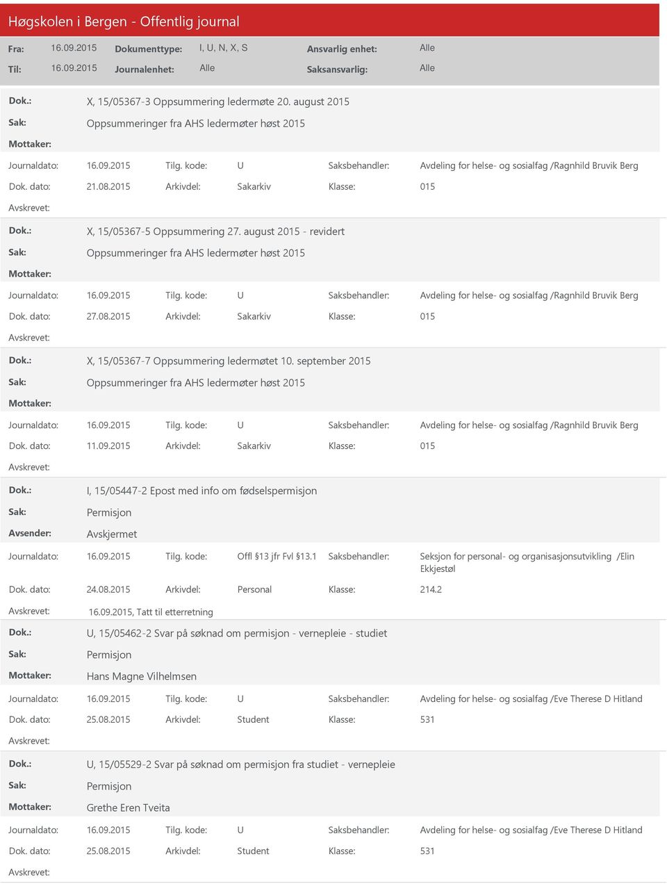 2015 Arkivdel: Sakarkiv 015 X, 15/05367-7 Oppsummering ledermøtet 10. september 2015 Oppsummeringer fra AHS ledermøter høst 2015 Avdeling for helse- og sosialfag /Ragnhild Bruvik Berg Dok. dato: 11.