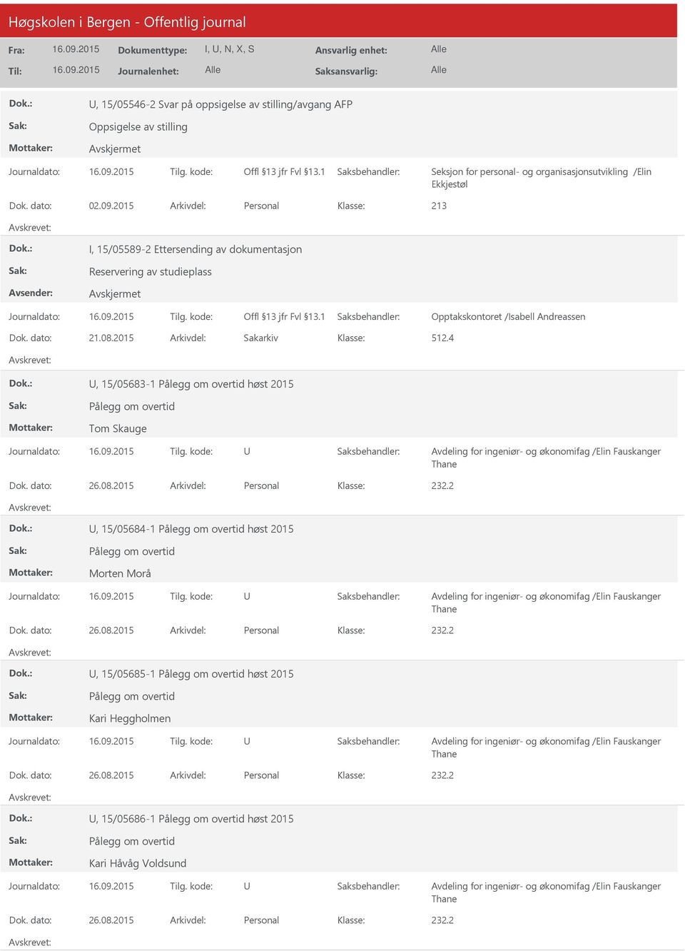 08.2015 Arkivdel: Sakarkiv 512.4, 15/05683-1 høst 2015 Tom Skauge Dok. dato: 26.08.2015 Arkivdel: Personal, 15/05684-1 høst 2015 Morten Morå Dok.