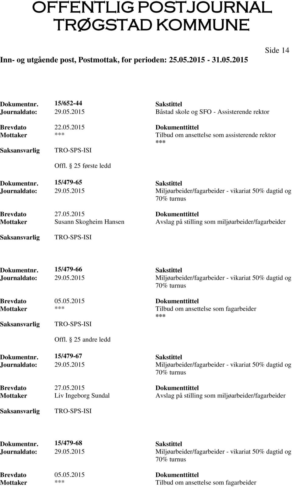 15/479-66 Sakstittel Brevdato 05.05.2015 Dokumenttittel Mottaker Tilbud om ansettelse som fagarbeider Offl. 25 andre ledd Dokumentnr.