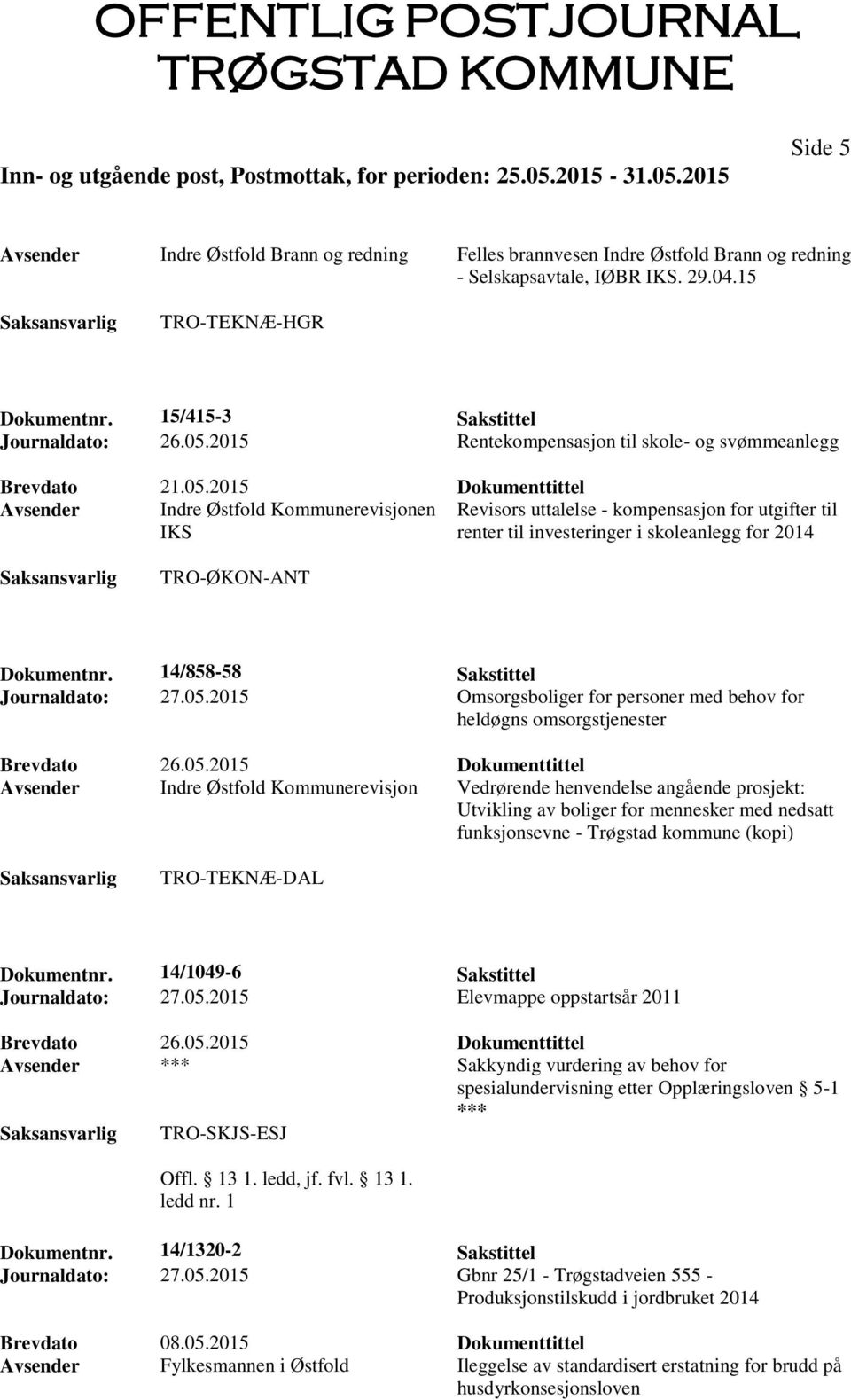 2015 Dokumenttittel Avsender Indre Østfold Kommunerevisjonen Revisors uttalelse - kompensasjon for utgifter til IKS renter til investeringer i skoleanlegg for 2014 TRO-ØKON-ANT Dokumentnr.