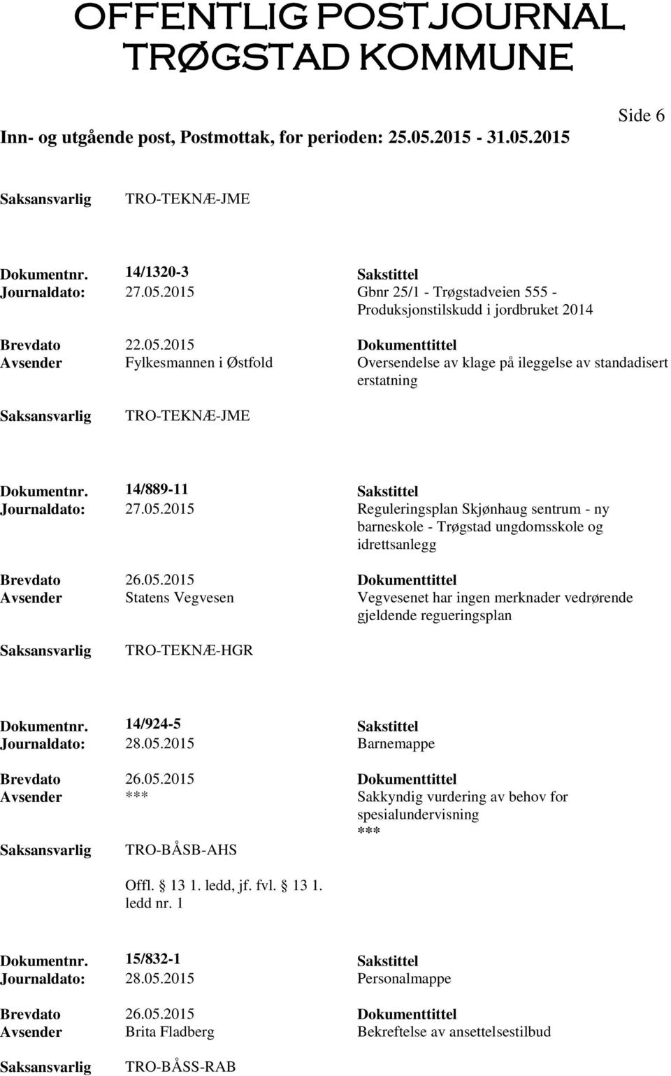 2015 Dokumenttittel Avsender Fylkesmannen i Østfold Oversendelse av klage på ileggelse av standadisert erstatning TRO-TEKNÆ-JME Dokumentnr. 14/889-11 Sakstittel Journaldato: 27.05.