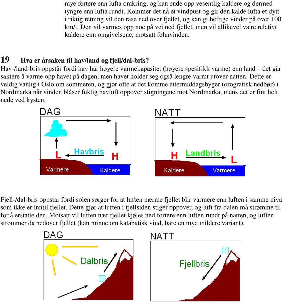 Den vil varmes opp noe på vei ned fjellet, men vil allikevel være relativt kaldere enn omgivelsene, motsatt føhnvinden. 19 Hva er årsaken til hav/land og fjell/dal-bris?