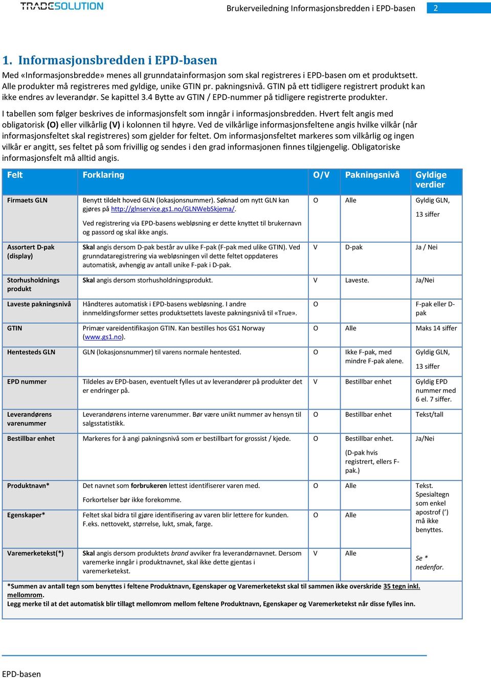 4 Bytte av GTIN / EPD-nummer på tidligere registrerte produkter. I tabellen som følger beskrives de informasjonsfelt som inngår i informasjonsbredden.