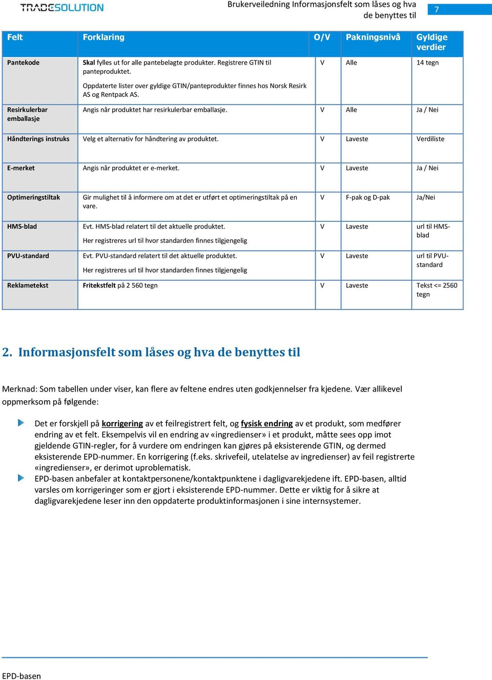 V Alle 14 tegn Resirkulerbar emballasje Angis når produktet har resirkulerbar emballasje. V Alle Ja / Nei Håndterings instruks Velg et alternativ for håndtering av produktet.