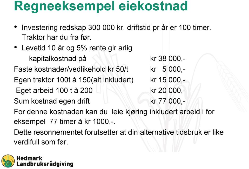 à 150(alt inkludert) kr 15 000,- Eget arbeid 100 t à 200 kr 20 000,- Sum kostnad egen drift kr 77 000,- For denne kostnaden kan du