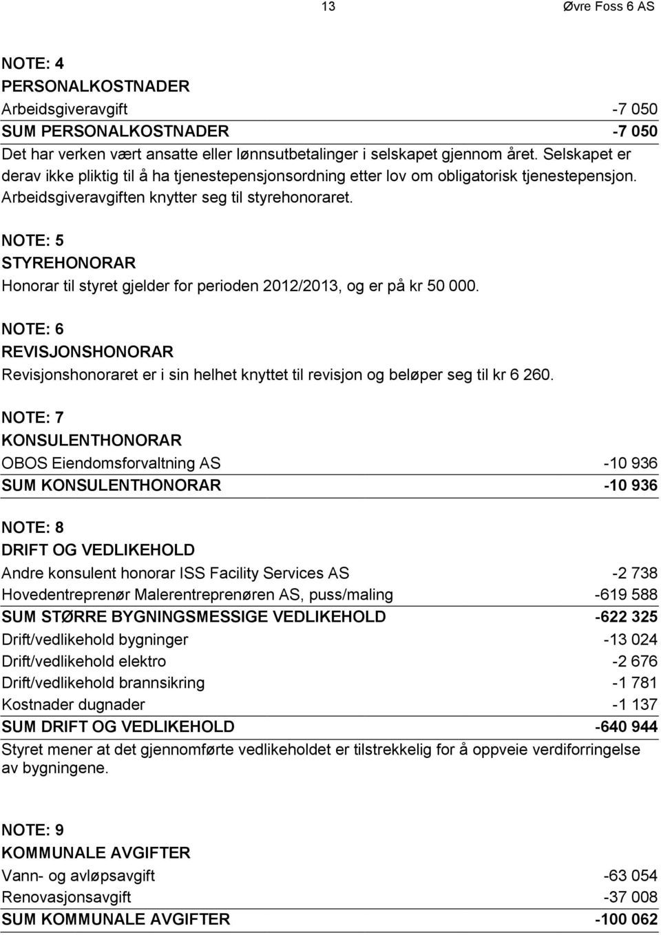 NOTE: 5 STYREHONORAR Honorar til styret gjelder for perioden 2012/2013, og er på kr 50 000.