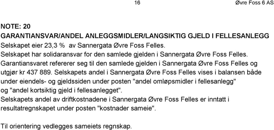Garantiansvaret refererer seg til den samlede gjelden i Sannergata Øvre Foss Felles og utgjør kr 437 889.