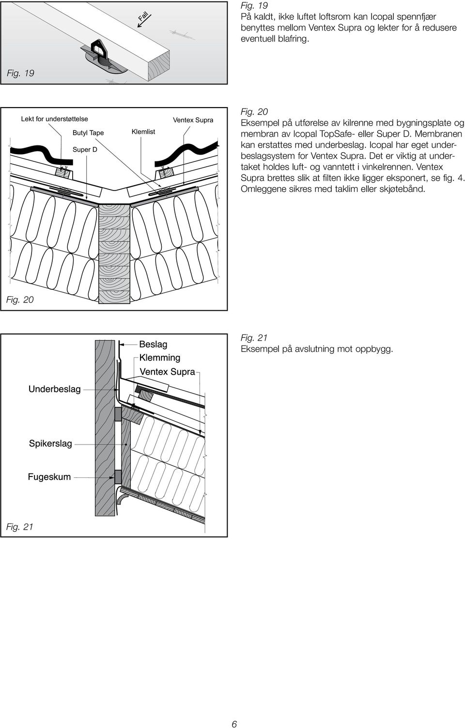 Membranen kan erstattes med underbeslag. Icopal har eget underbeslagsystem for Ventex Supra. Det er viktig at undertaket holdes luft- og vanntett i vinkel rennen.