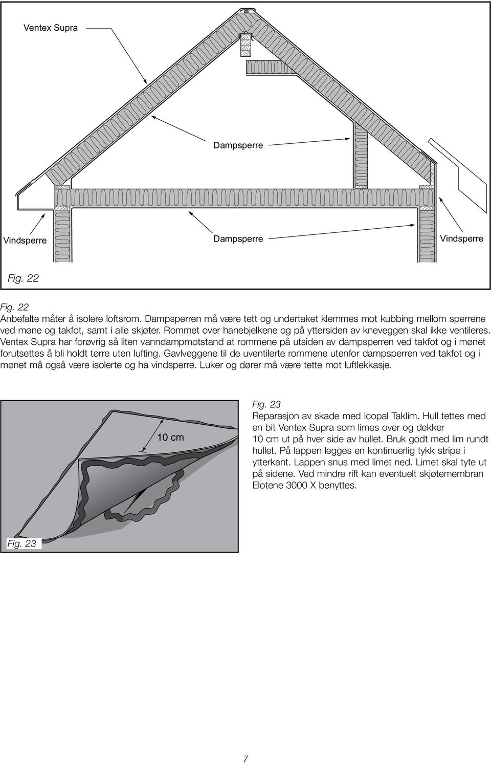Ventex Supra har forøvrig så liten vann dampmotstand at rommene på utsiden av dampsperren ved takfot og i mønet forutsettes å bli holdt tørre uten lufting.