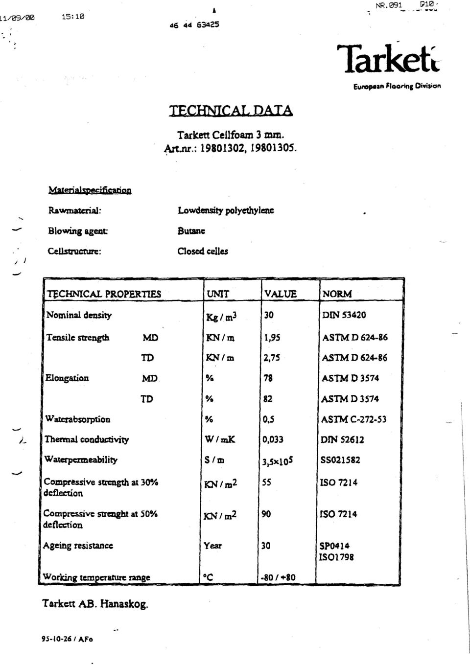 E1ongation Waterabsonption Thennal conductivity W a t e r p e r m e a b i I i t y MD TD MD TD DIN 53420 ASTMD 624-86 ASTM D 62446 ASTM D 3574 ASTM D 3574 ASTM