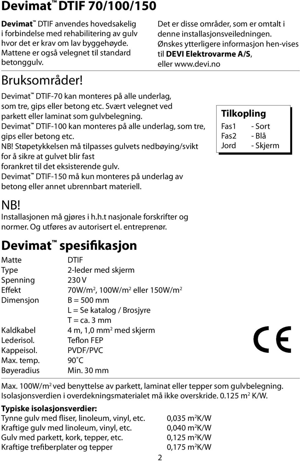 Devimat DTIF-100 kan monteres på alle underlag, som tre, gips eller betong etc. NB!