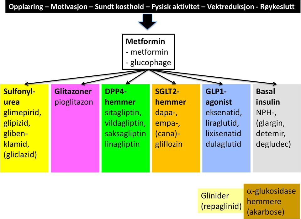 vildagliptin, saksagliptin linagliptin SGLT2- hemmer dapa-, empa-, (cana)- gliflozin GLP1- agonist eksenatid,