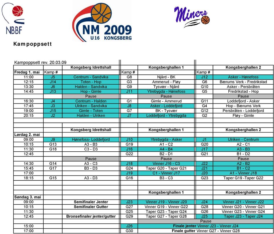 Njård G10 Asker - Persbråten 14:45 J13 Hop - Gimle J11 Ytrebygda - Hønefoss G5 Fredrikstad - Hop Pause Pause Pause 16:30 J4 Centrum - Halden G1 Gimle - Ammerud G11 Loddefjord - Asker 17:45 J3 Ulriken