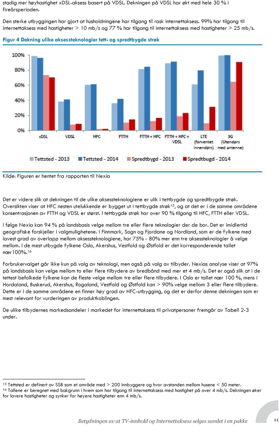 Figur 4 Dekning ulike aksessteknologier tett- og spredtbygde strøk Kilde: Figuren er hentet fra rapporten til Nexia Det er videre slik at dekningen til de ulike aksessteknologiene er ulik i tettbygde