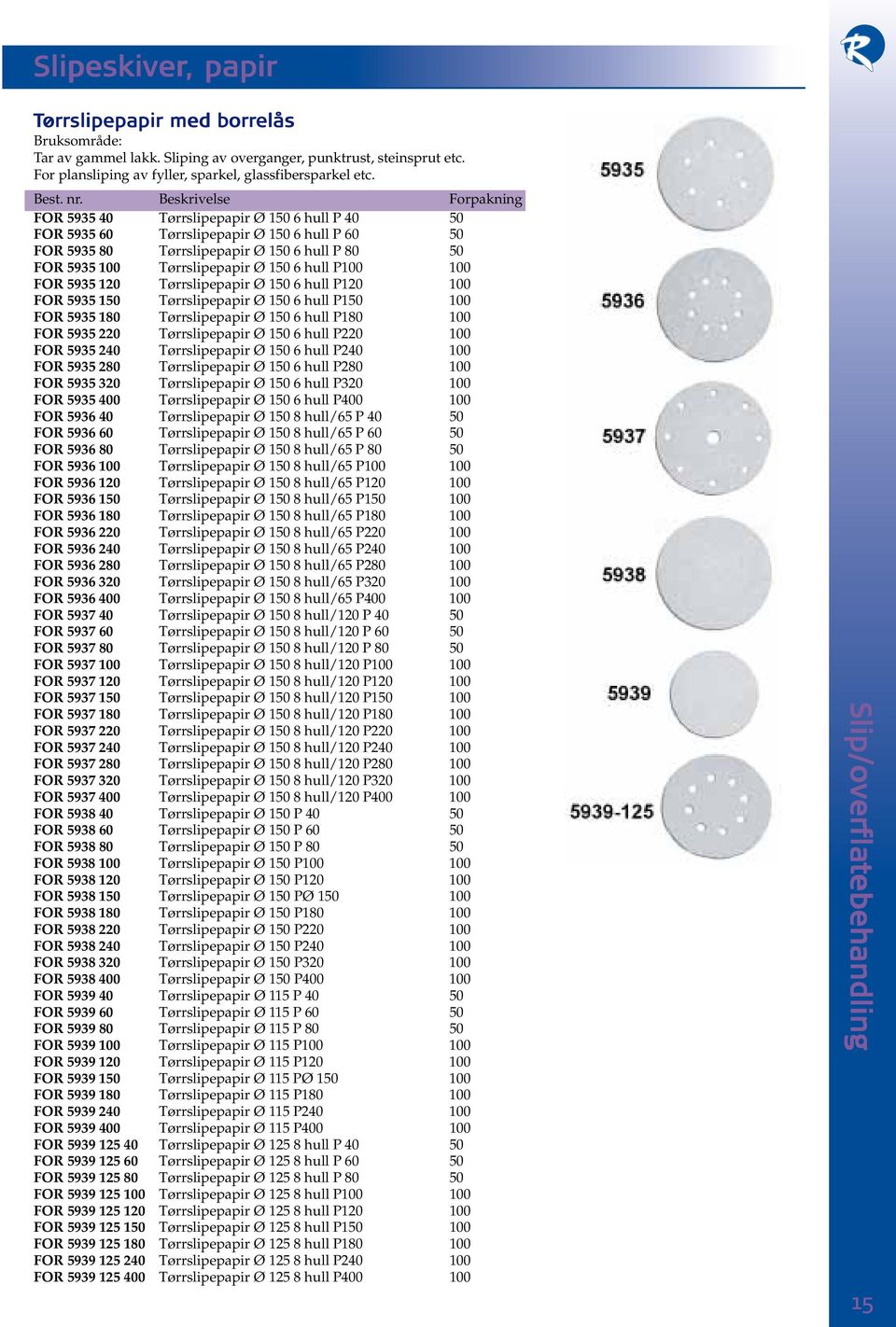 FOR 5935 40 Tørrslipepapir Ø 150 6 hull P 40 50 FOR 5935 60 Tørrslipepapir Ø 150 6 hull P 60 50 FOR 5935 80 Tørrslipepapir Ø 150 6 hull P 80 50 FOR 5935 100 Tørrslipepapir Ø 150 6 hull P100 100 FOR